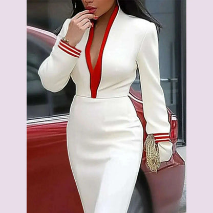 Yeezzi Women's Fashion Contrast Color Deep V-Neck Evening Maxi Dresses 2025 New Autumn Long Sleeves Sexy Prom Party A-line Dress