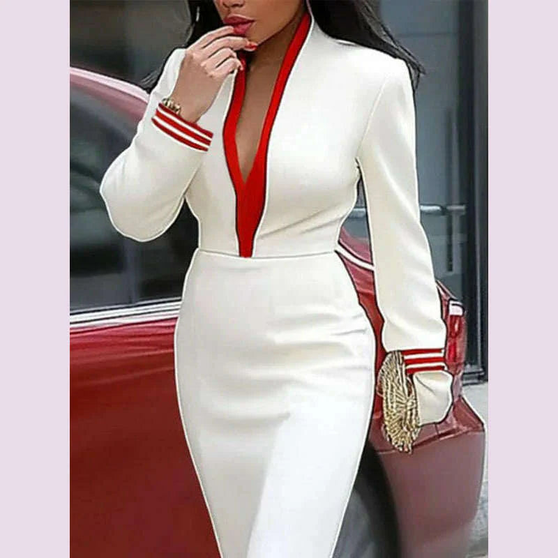 Yeezzi Women's Fashion Contrast Color Deep V-Neck Evening Maxi Dresses 2025 New Autumn Long Sleeves Sexy Prom Party A-line Dress