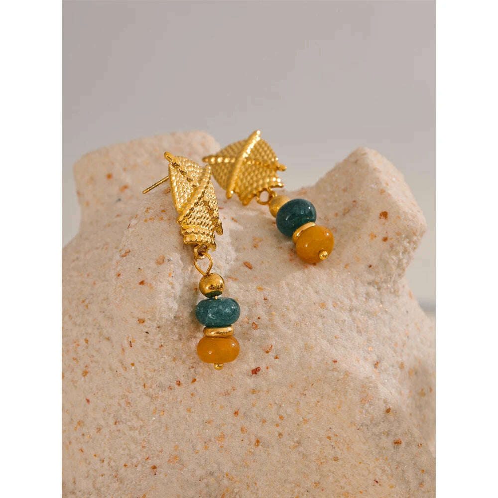Yhpup Stainless Steel Natural Stone Drop Golden Waterproof Handmade France Earrings Jewelry (Each stone color is different)