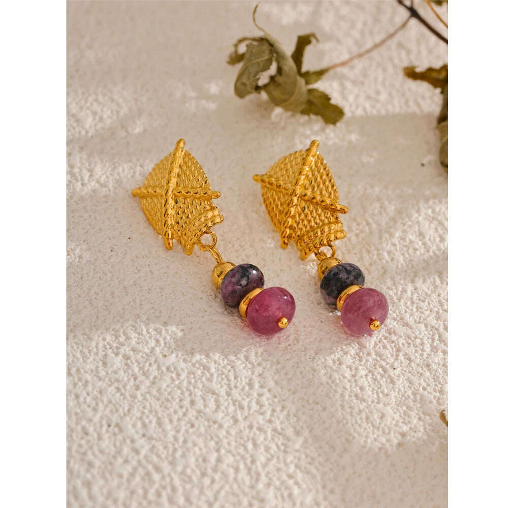 Yhpup Stainless Steel Natural Stone Drop Golden Waterproof Handmade France Earrings Jewelry (Each stone color is different)