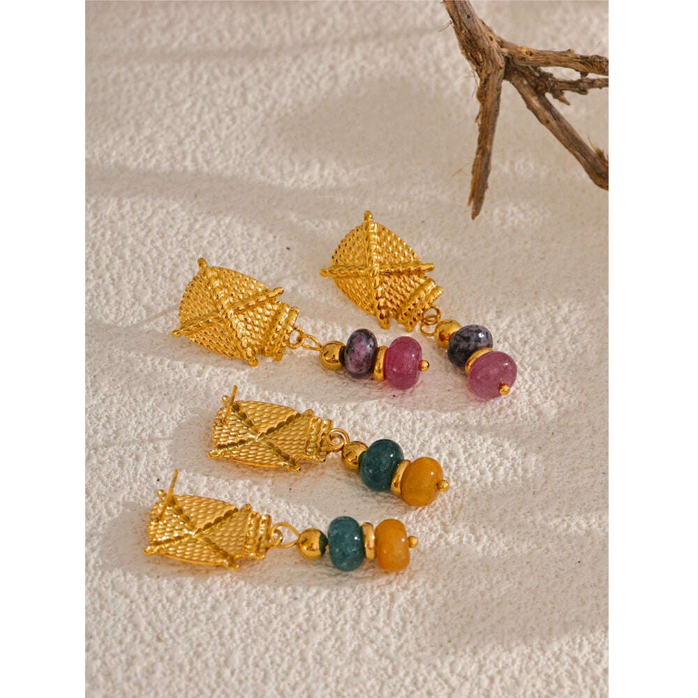 Yhpup Stainless Steel Natural Stone Drop Golden Waterproof Handmade France Earrings Jewelry (Each stone color is different)