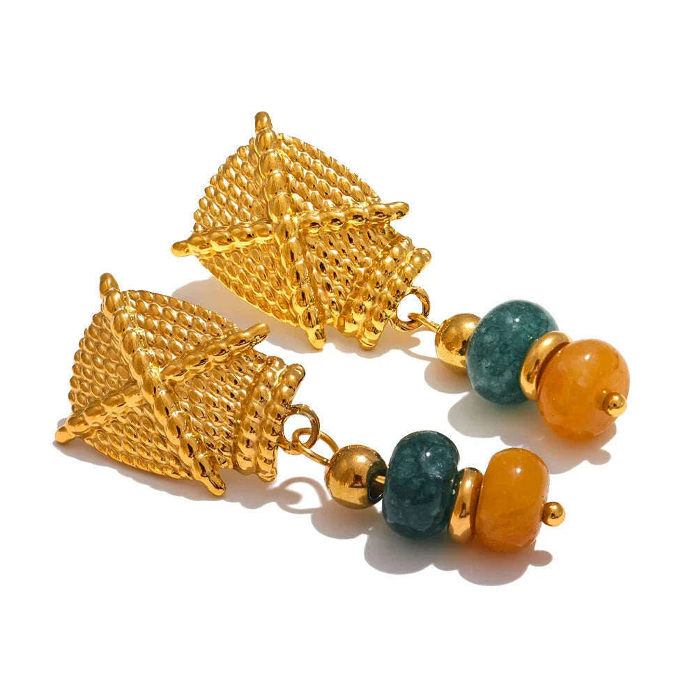 Yhpup Stainless Steel Natural Stone Drop Golden Waterproof Handmade France Earrings Jewelry (Each stone color is different)
