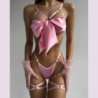 Yimunancy 3-Piece Cut Out Bow Lingerie Set 4 Colors Satin Cute Erotic Set Solid Brief Underwear Set Nightwear
