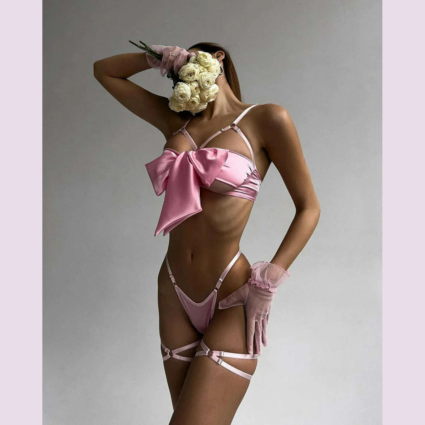 Yimunancy 3-Piece Cut Out Bow Lingerie Set 4 Colors Satin Cute Erotic Set Solid Brief Underwear Set Nightwear