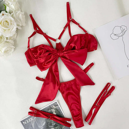 Yimunancy 3-Piece Cut Out Bow Lingerie Set 4 Colors Satin Cute Erotic Set Solid Brief Underwear Set Nightwear