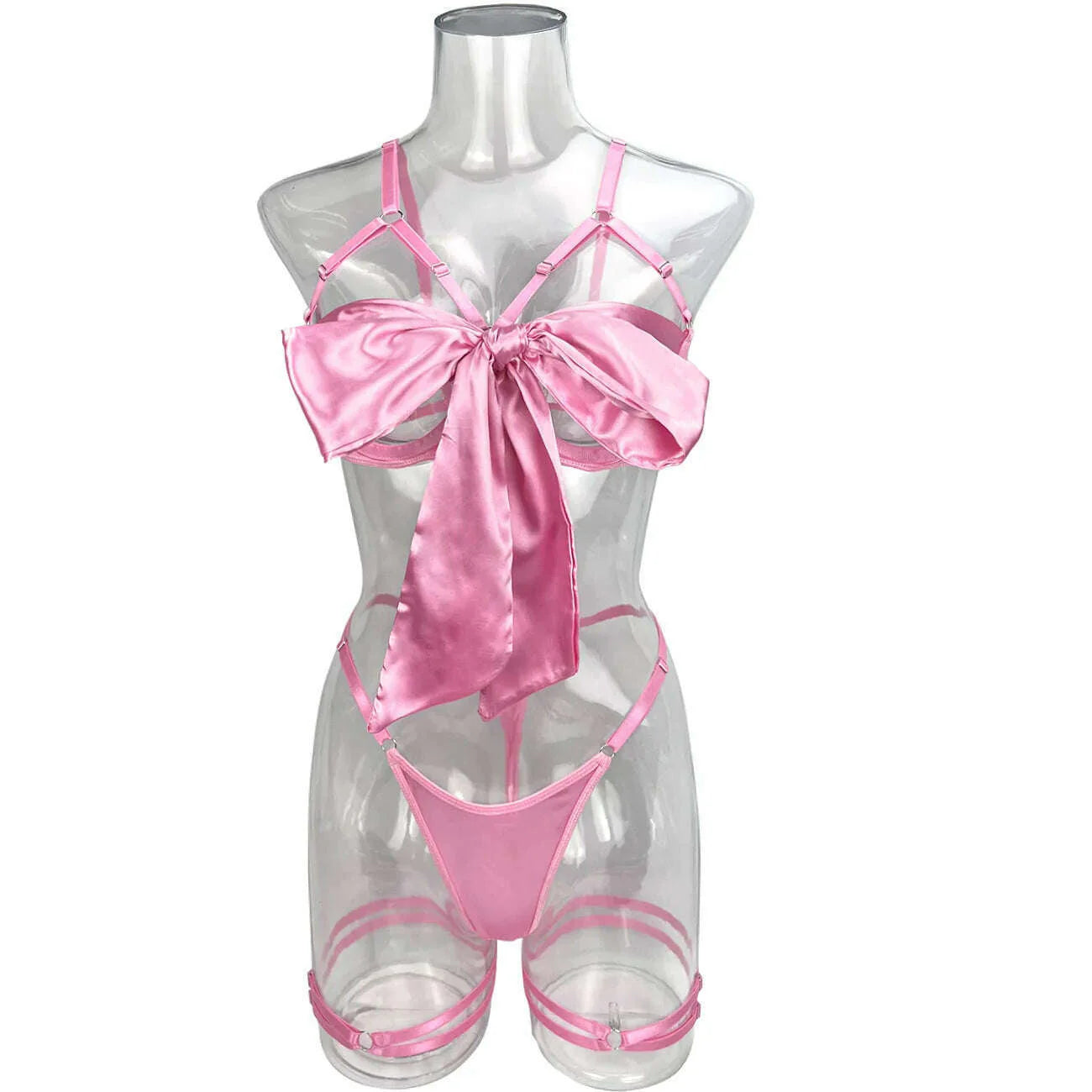 Yimunancy 3-Piece Cut Out Bow Lingerie Set 4 Colors Satin Cute Erotic Set Solid Brief Underwear Set Nightwear