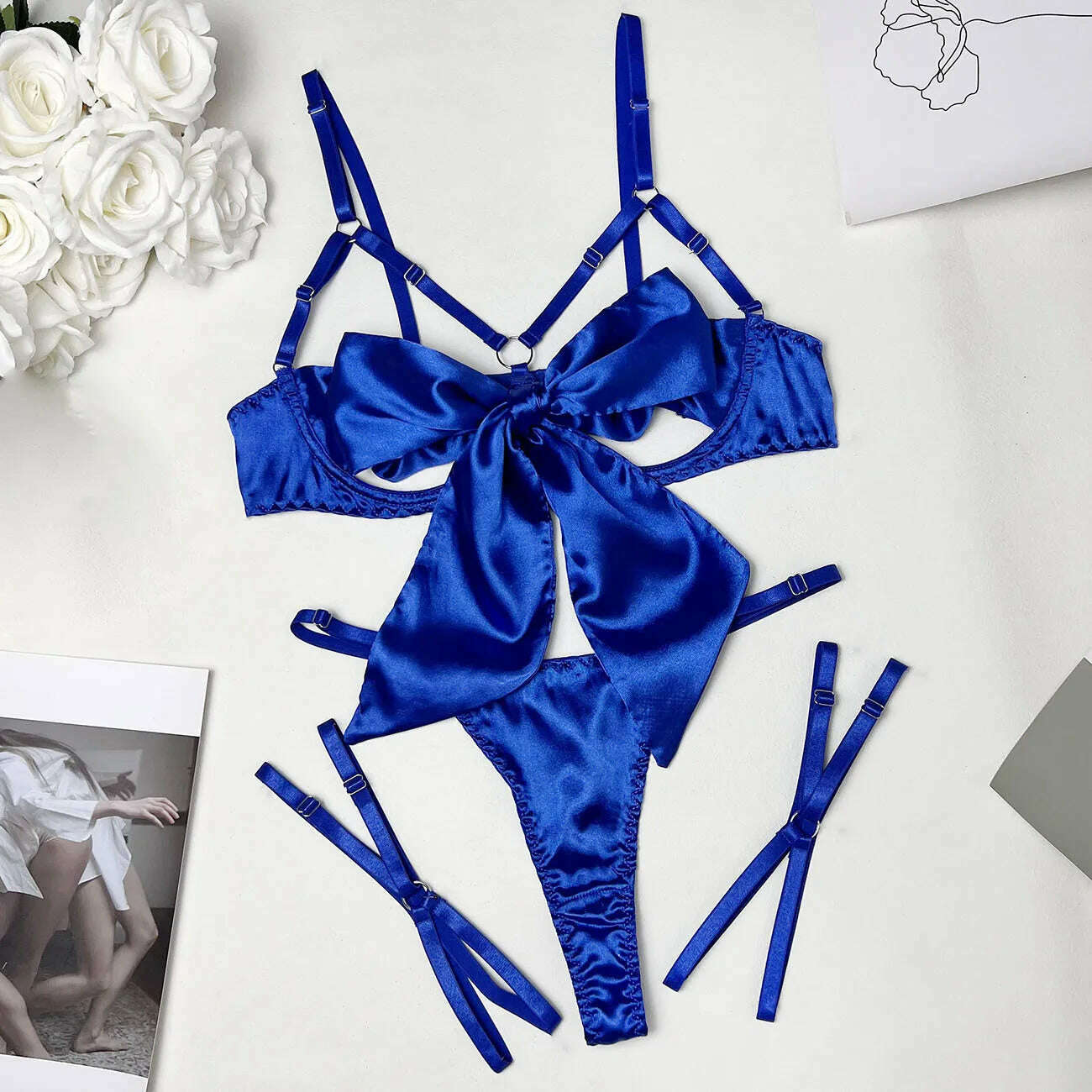 Yimunancy 3-Piece Cut Out Bow Lingerie Set 4 Colors Satin Cute Erotic Set Solid Brief Underwear Set Nightwear