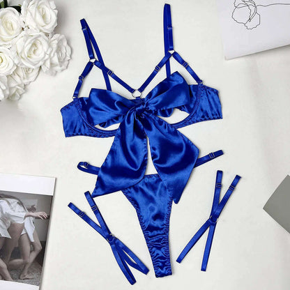 Yimunancy 3-Piece Cut Out Bow Lingerie Set 4 Colors Satin Cute Erotic Set Solid Brief Underwear Set Nightwear