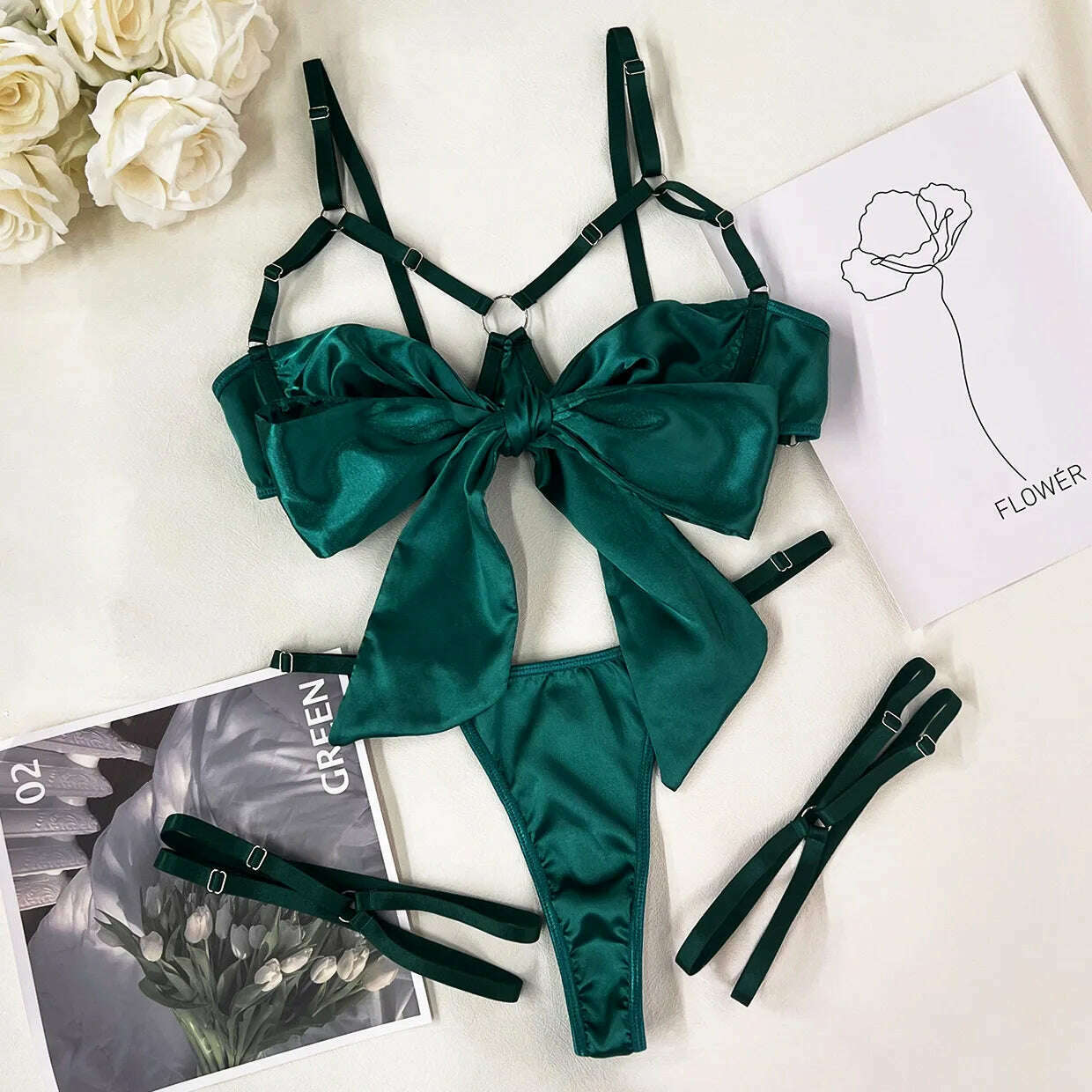 Yimunancy 3-Piece Cut Out Bow Lingerie Set 4 Colors Satin Cute Erotic Set Solid Brief Underwear Set Nightwear