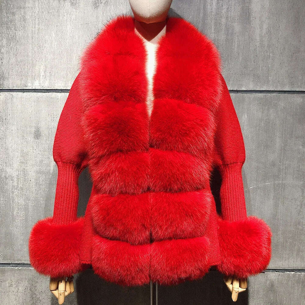 YOLOAgain Autumn Elegant Slim Black Sweater Real Fox Fur Cardigan Women Outerwear