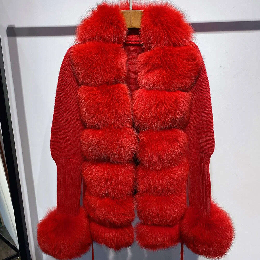 YOLOAgain Autumn Elegant Slim Black Sweater Real Fox Fur Cardigan Women Outerwear