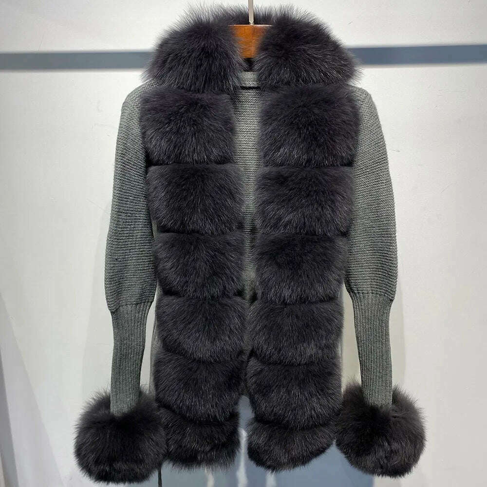YOLOAgain Autumn Elegant Slim Black Sweater Real Fox Fur Cardigan Women Outerwear
