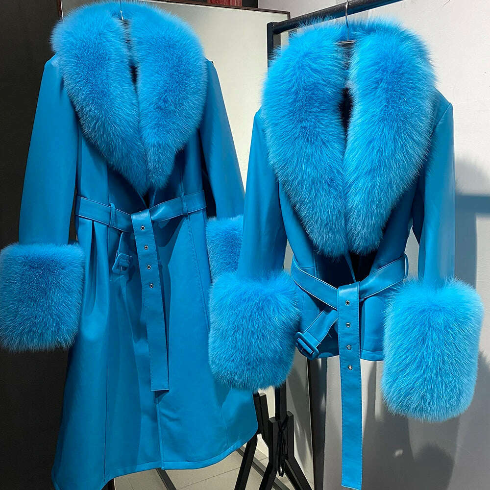 YOLOAgain Women's Real Fox Fur Collar Sheepskin Leather Jacket Coat Autumn 2024