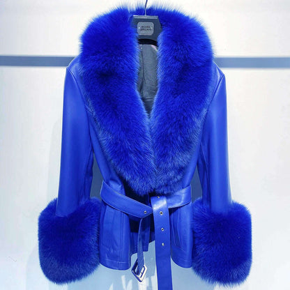 YOLOAgain Women's Real Fox Fur Collar Sheepskin Leather Jacket Coat Autumn 2024