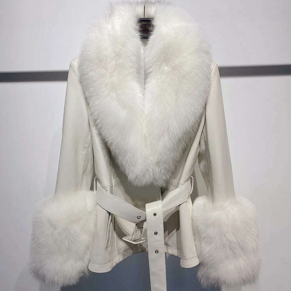 YOLOAgain Women's Real Fox Fur Collar Sheepskin Leather Jacket Coat Autumn 2024
