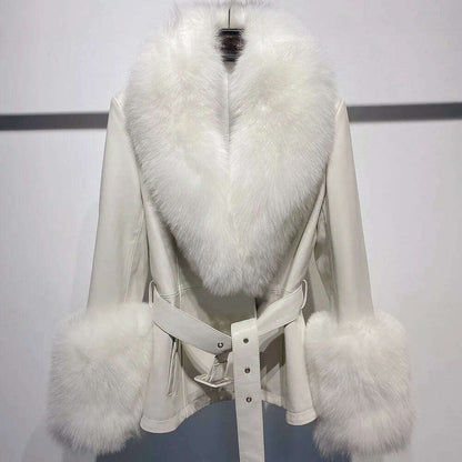 YOLOAgain Women's Real Fox Fur Collar Sheepskin Leather Jacket Coat Autumn 2024