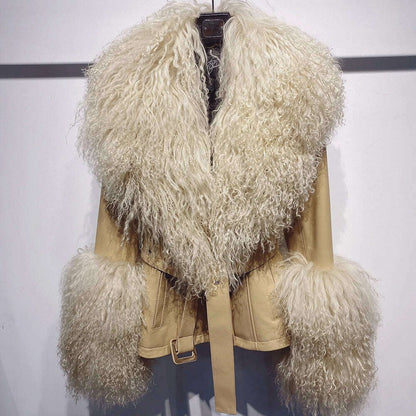 YOLOAgain Women's Real Fox Fur Collar Sheepskin Leather Jacket Coat Autumn 2024