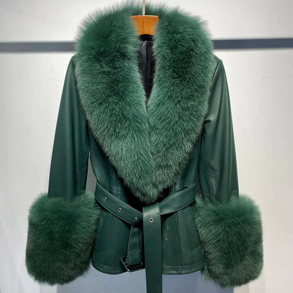 YOLOAgain Women's Real Fox Fur Collar Sheepskin Leather Jacket Coat Autumn 2024