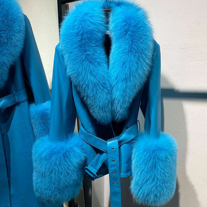 YOLOAgain Women's Real Fox Fur Collar Sheepskin Leather Jacket Coat Autumn 2024