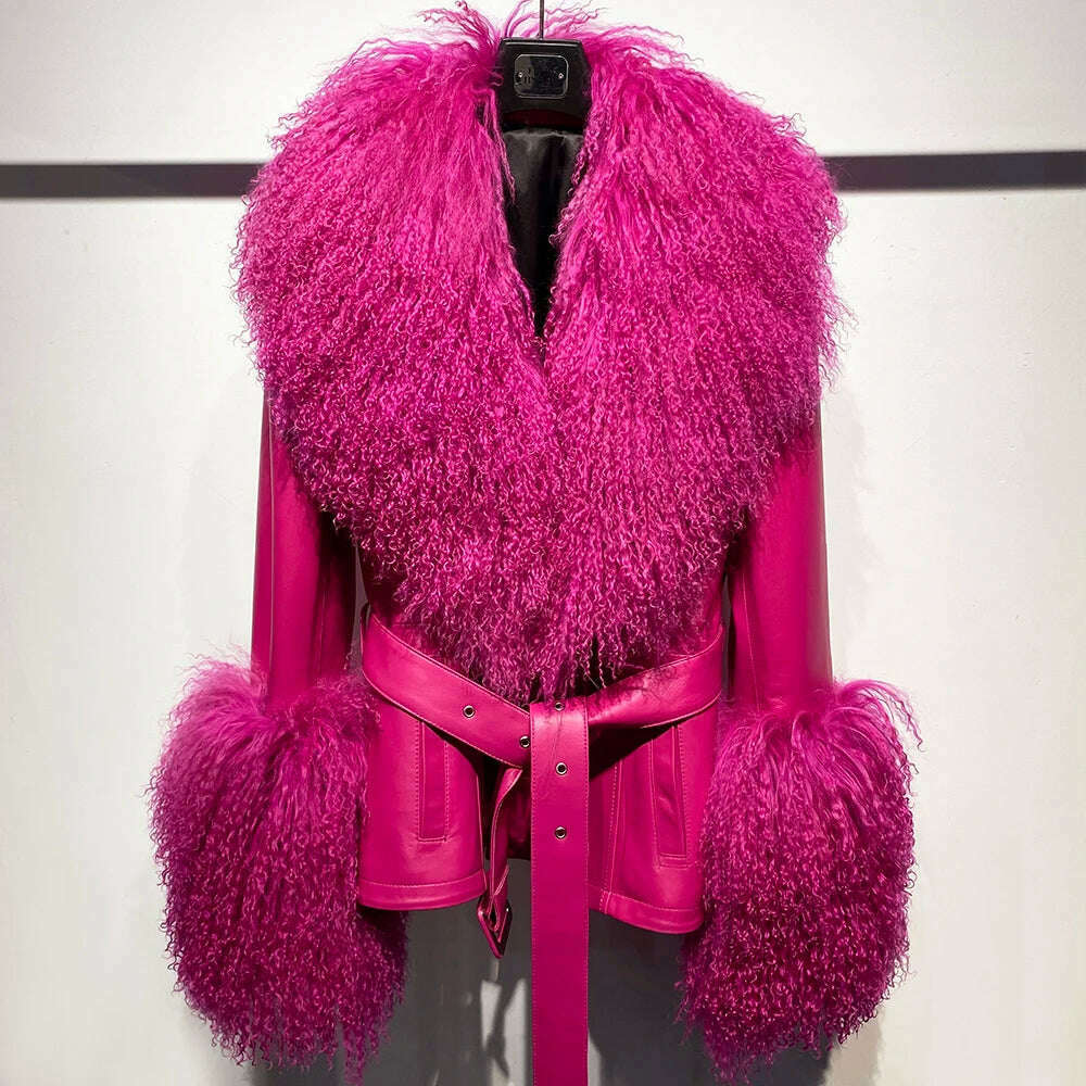 YOLOAgain Women's Real Fox Fur Collar Sheepskin Leather Jacket Coat Autumn 2024