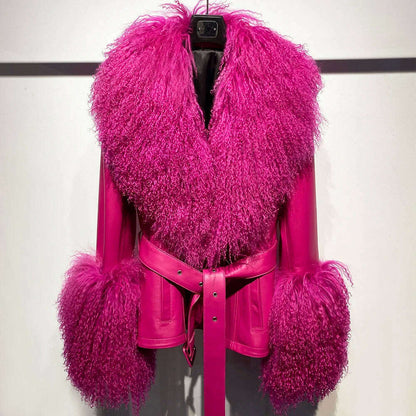 YOLOAgain Women's Real Fox Fur Collar Sheepskin Leather Jacket Coat Autumn 2024