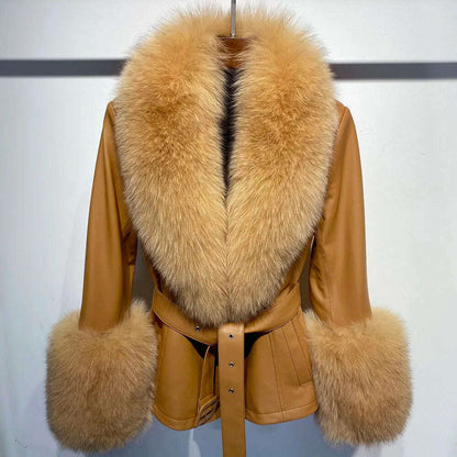 YOLOAgain Women's Real Fox Fur Collar Sheepskin Leather Jacket Coat Autumn 2024