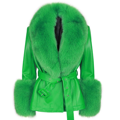 YOLOAgain Women's Real Fox Fur Collar Sheepskin Leather Jacket Coat Autumn 2024