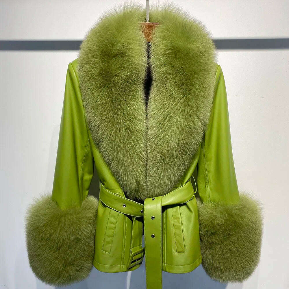 YOLOAgain Women's Real Fox Fur Collar Sheepskin Leather Jacket Coat Autumn 2024