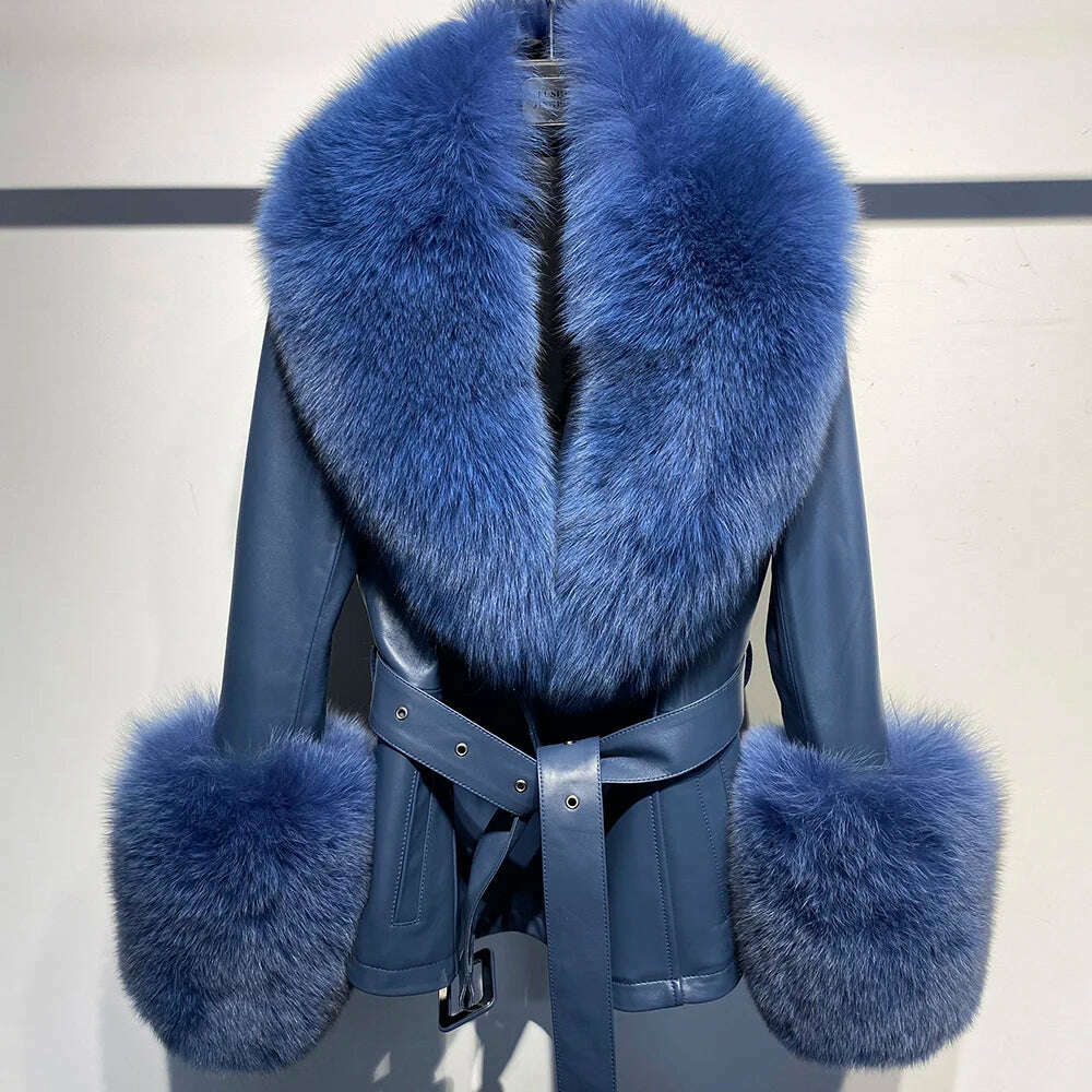 YOLOAgain Women's Real Fox Fur Collar Sheepskin Leather Jacket Coat Autumn 2024