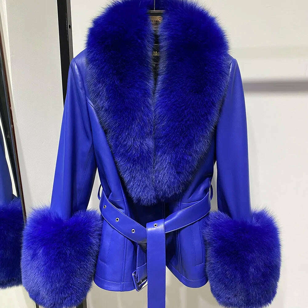 YOLOAgain Women's Real Fox Fur Collar Sheepskin Leather Jacket Coat Autumn 2024