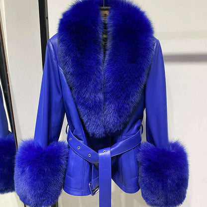 YOLOAgain Women's Real Fox Fur Collar Sheepskin Leather Jacket Coat Autumn 2024