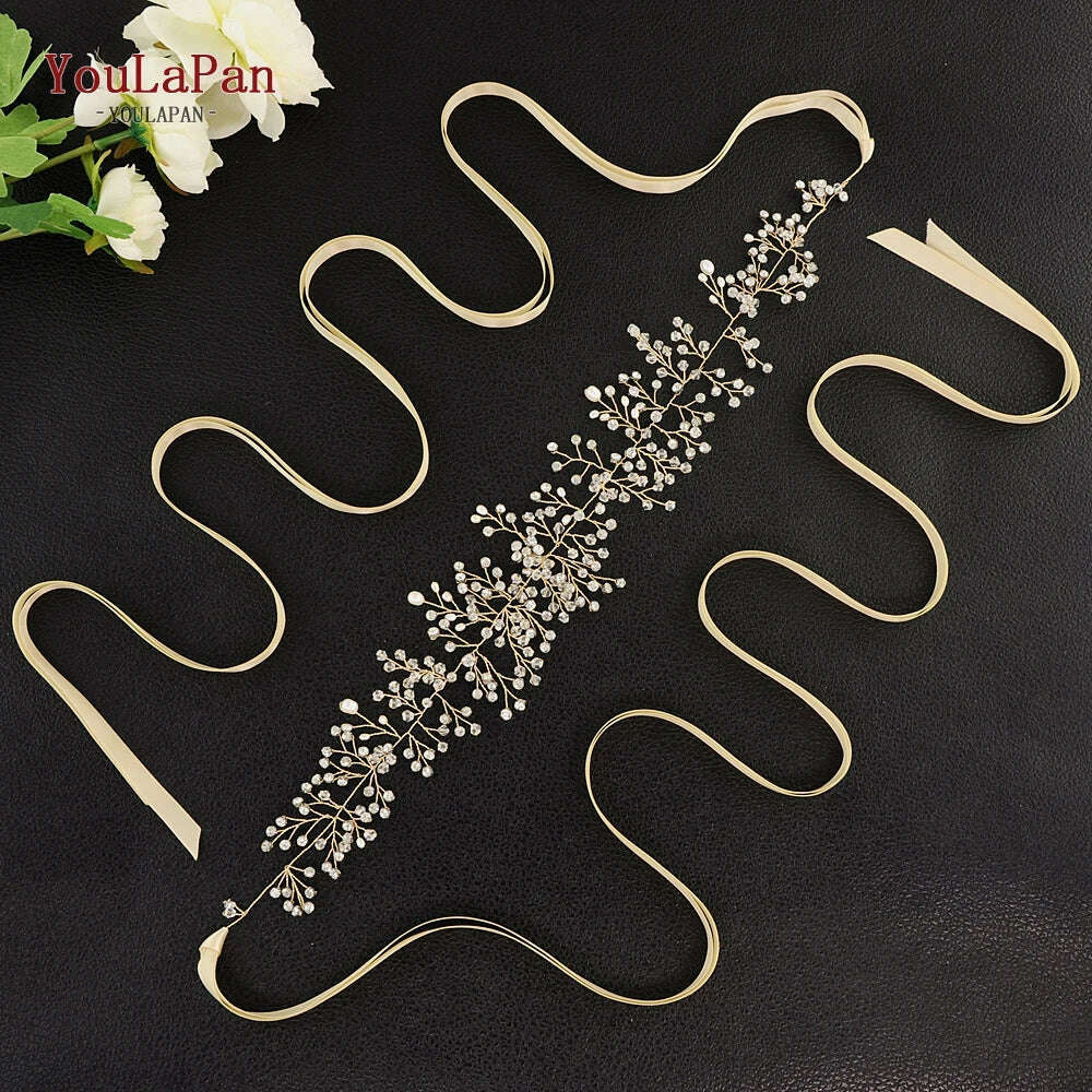 YouLaPan SH10 Golden Wedding Belt Pearls Crystal Belt Handmade Rhinestone Belt for Wedding Accessories Golden Bridal Sash Belt