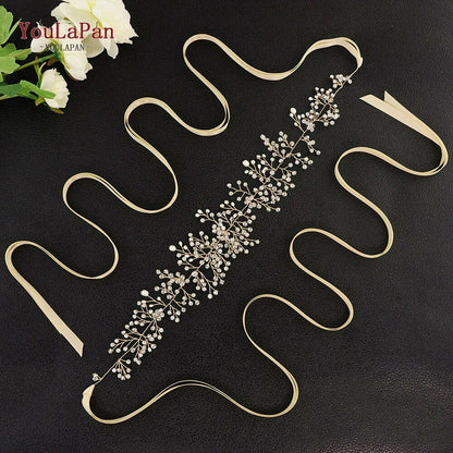 YouLaPan SH10 Golden Wedding Belt Pearls Crystal Belt Handmade Rhinestone Belt for Wedding Accessories Golden Bridal Sash Belt