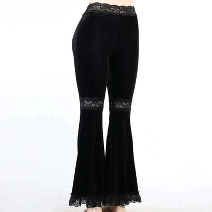 [You're My Secret] Women Pant Gothic Black Velvet Flare Pants Sexy Hollow Out Lace Patchwork Slim High Waist Retro Bell Bottom