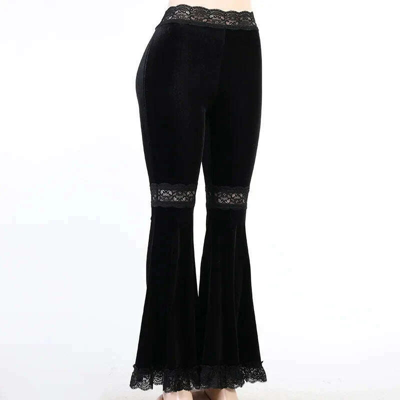 [You're My Secret] Women Pant Gothic Black Velvet Flare Pants Sexy Hollow Out Lace Patchwork Slim High Waist Retro Bell Bottom