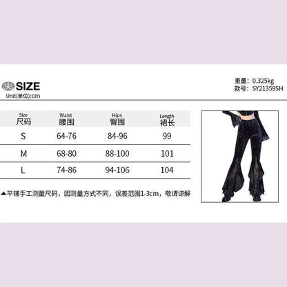 [You're My Secret] Women Pant Gothic Black Velvet Flare Pants Sexy Hollow Out Lace Patchwork Slim High Waist Retro Bell Bottom