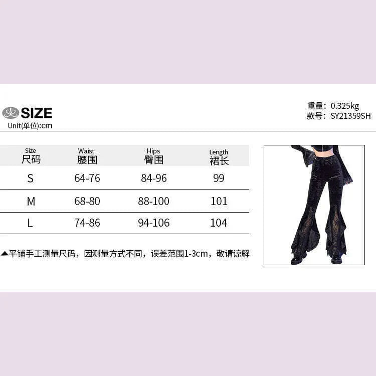 [You're My Secret] Women Pant Gothic Black Velvet Flare Pants Sexy Hollow Out Lace Patchwork Slim High Waist Retro Bell Bottom