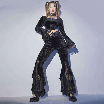 [You're My Secret] Women Pant Gothic Black Velvet Flare Pants Sexy Hollow Out Lace Patchwork Slim High Waist Retro Bell Bottom