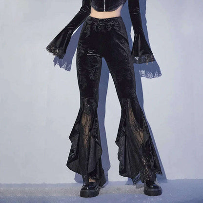 [You're My Secret] Women Pant Gothic Black Velvet Flare Pants Sexy Hollow Out Lace Patchwork Slim High Waist Retro Bell Bottom