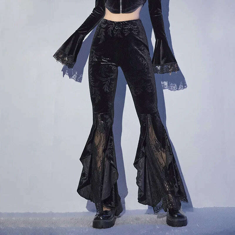 [You're My Secret] Women Pant Gothic Black Velvet Flare Pants Sexy Hollow Out Lace Patchwork Slim High Waist Retro Bell Bottom