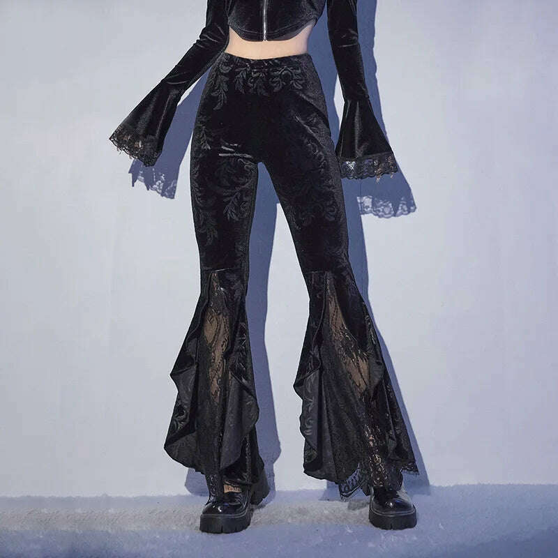 [You're My Secret] Women Pant Gothic Black Velvet Flare Pants Sexy Hollow Out Lace Patchwork Slim High Waist Retro Bell Bottom