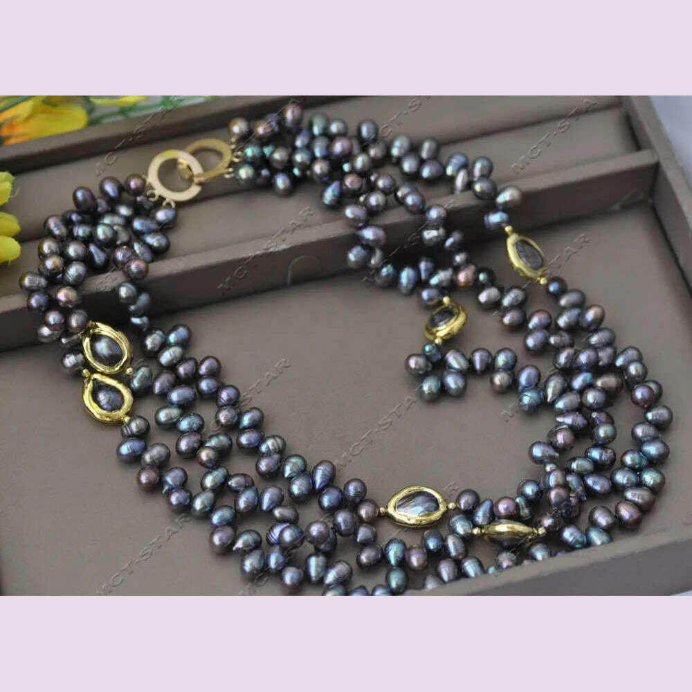 Z13344 3Row 20" 16mm Peacock Black Rice Gold plated Freshwater Pearl Necklace Custom Jewelry
