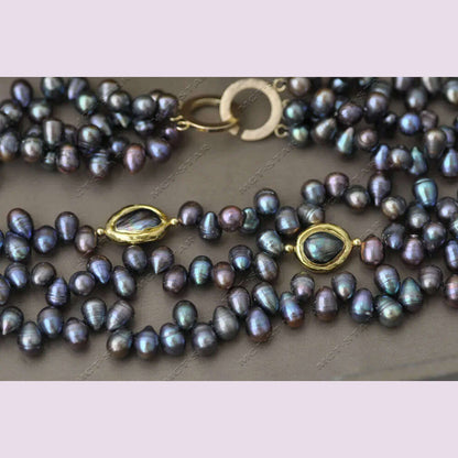 Z13344 3Row 20" 16mm Peacock Black Rice Gold plated Freshwater Pearl Necklace Custom Jewelry