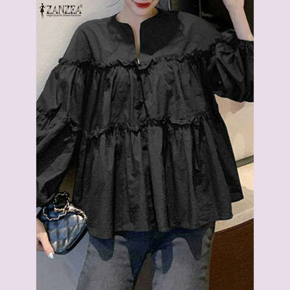ZANZEA Fashion Women Long Puff Sleeve Blouse Autumn Spring Eelgant Shirt Ruffles Blusas Femininas Mujer Party Work Tops Tunic