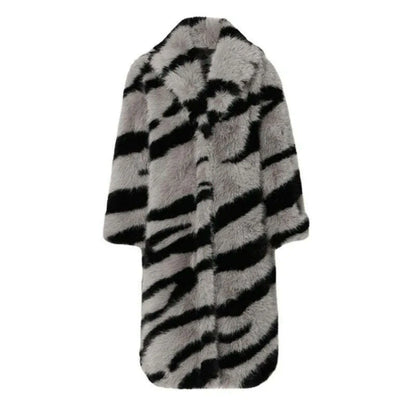 Zebra New Faux Fox Fur Coat Women Long 2024 Winter Imitation Wool Fur Jacket Thickened Warm Plush Overcoat Furry Fuzzy Outerwear