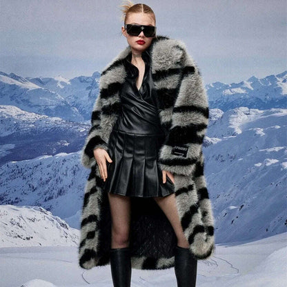 Zebra New Faux Fox Fur Coat Women Long 2024 Winter Imitation Wool Fur Jacket Thickened Warm Plush Overcoat Furry Fuzzy Outerwear