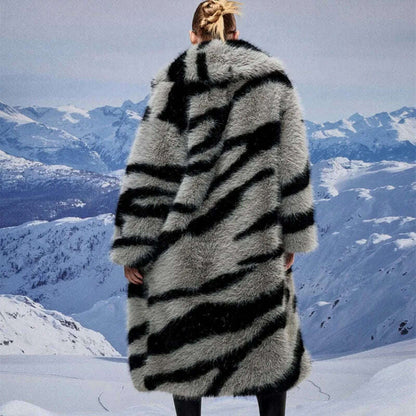Zebra New Faux Fox Fur Coat Women Long 2024 Winter Imitation Wool Fur Jacket Thickened Warm Plush Overcoat Furry Fuzzy Outerwear
