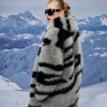 Zebra New Faux Fox Fur Coat Women Long 2024 Winter Imitation Wool Fur Jacket Thickened Warm Plush Overcoat Furry Fuzzy Outerwear