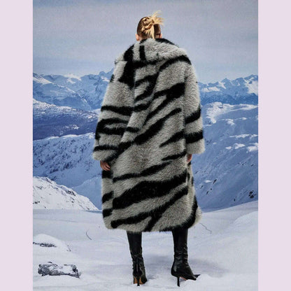 Zebra New Faux Fox Fur Coat Women Long 2024 Winter Imitation Wool Fur Jacket Thickened Warm Plush Overcoat Furry Fuzzy Outerwear