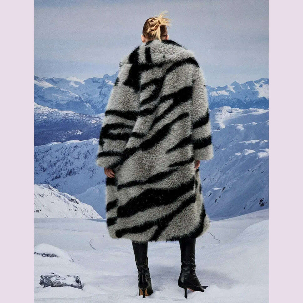 Zebra New Faux Fox Fur Coat Women Long 2024 Winter Imitation Wool Fur Jacket Thickened Warm Plush Overcoat Furry Fuzzy Outerwear
